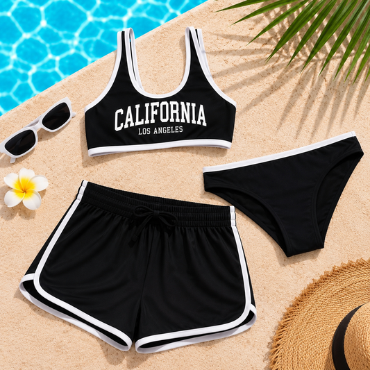Ensemble de bain ado/fille 3 pièces California – Brassière, Culotte et Short – Noir et Blanc