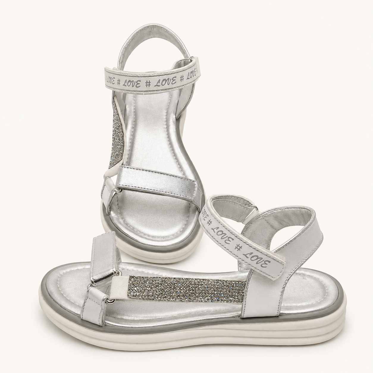 Sandales argentées à brides scratch avec strass et message "LOVE" - Fille