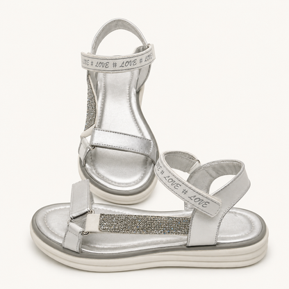 Sandales argentées à brides scratch avec strass et message "LOVE" - Fille