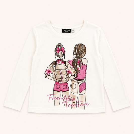 T-shirt manches longues écru imprimé « Friendship is a treasure »