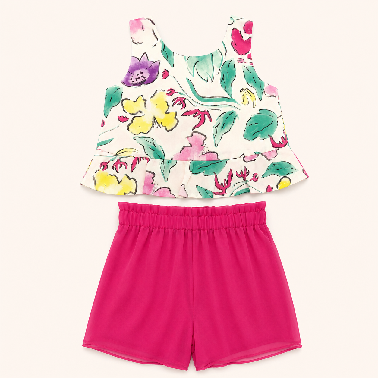 Ensemble top fleuri à volants et short fuchsia - Fille - Canada House