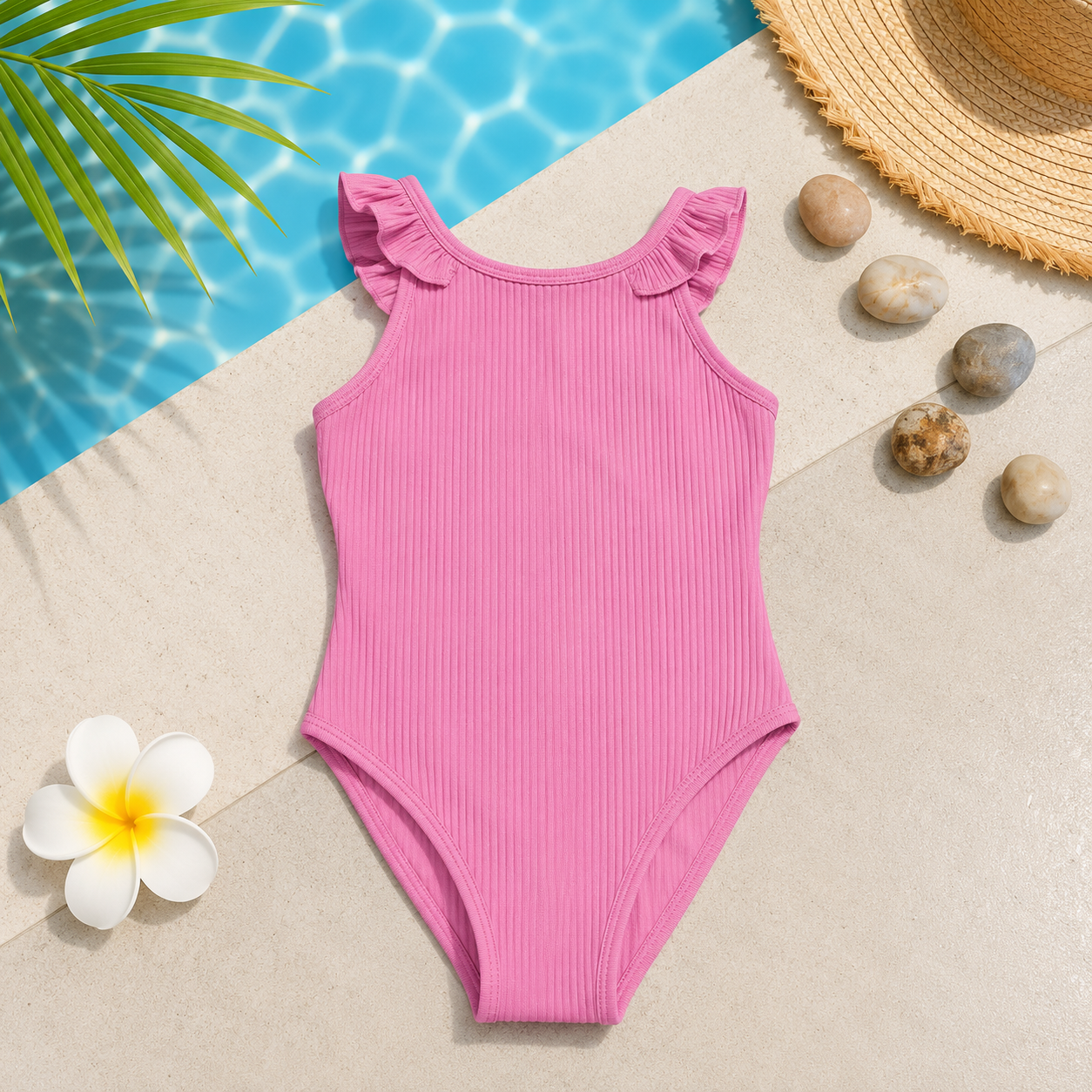 Maillot de bain 1 pièce fille côtelé à volants – Rose Bubblegum