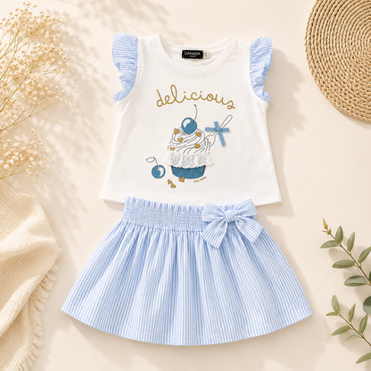 Ensemble t-shirt blanc cupcake et jupe rayée bleue - Fille - Canada House