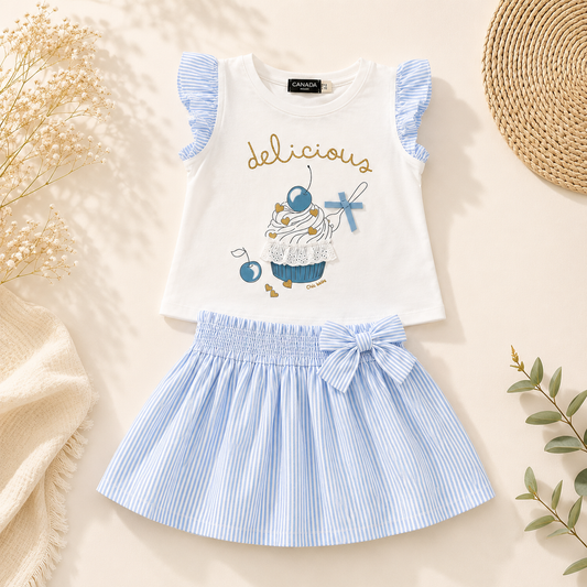 Ensemble t-shirt blanc cupcake et jupe rayée bleue - Fille - Canada House