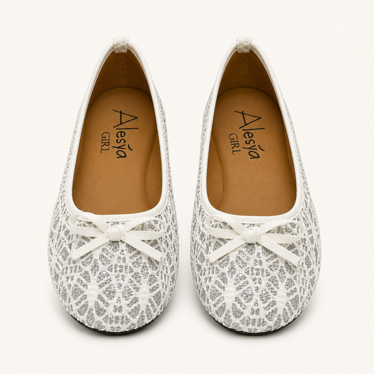 Ballerines blanches et argentées à paillettes avec nœud - Fille - Alesya Girl