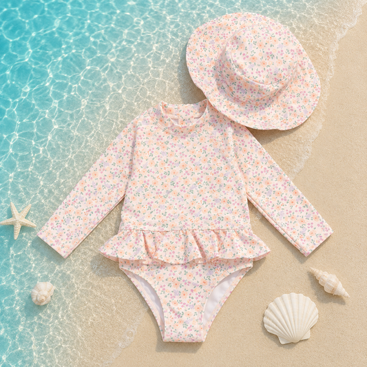 Ensemble de bain anti-UV fille 2 pièces – Maillot manches longues à volants et Chapeau assorti – Imprimé Liberty Pastel