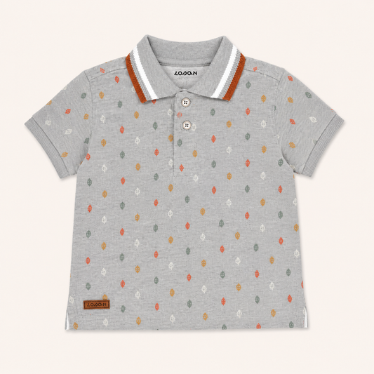 Polo gris chiné enfant imprimé petites feuilles