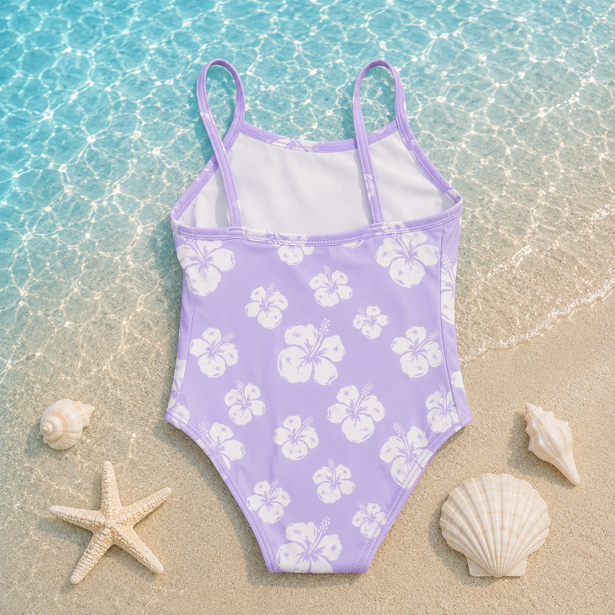 Maillot de bain 1 pièce fille Hibiscus – Violet Lilas et Blanc