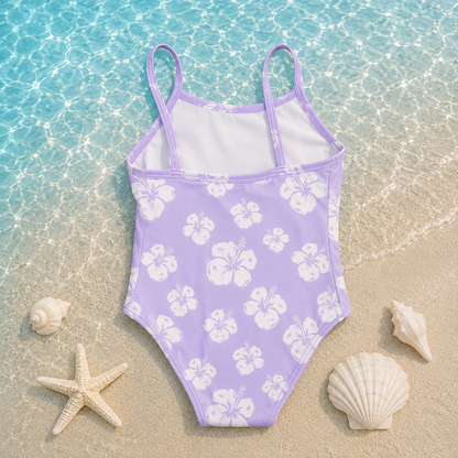 Maillot de bain 1 pièce fille Hibiscus – Violet Lilas et Blanc