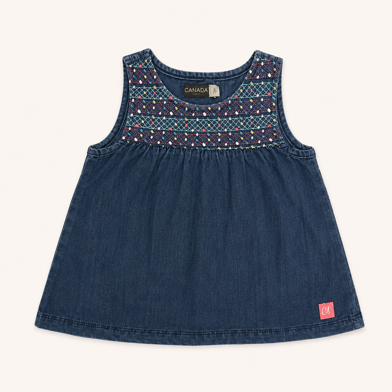 Top en jean sans manches pour bébé à smocks brodés colorés