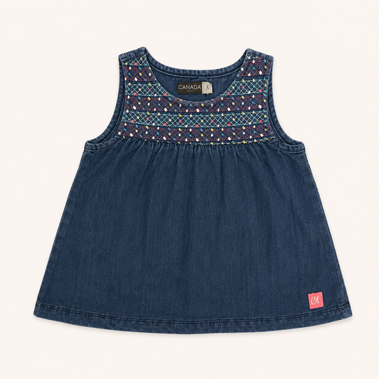 Top en jean sans manches pour bébé à smocks brodés colorés