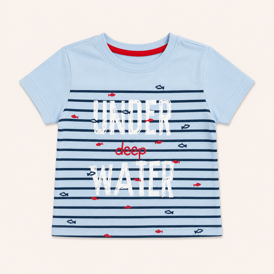 T-shirt rayé bleu ciel enfant « UNDER deep WATER »