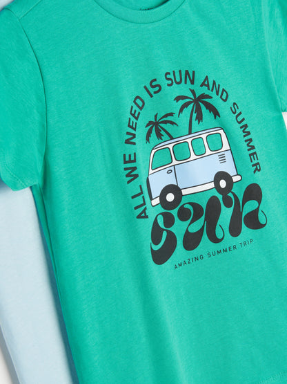 T-shirt Enfant Vert - Graphisme Van Rétro & Palmiers "Sun"