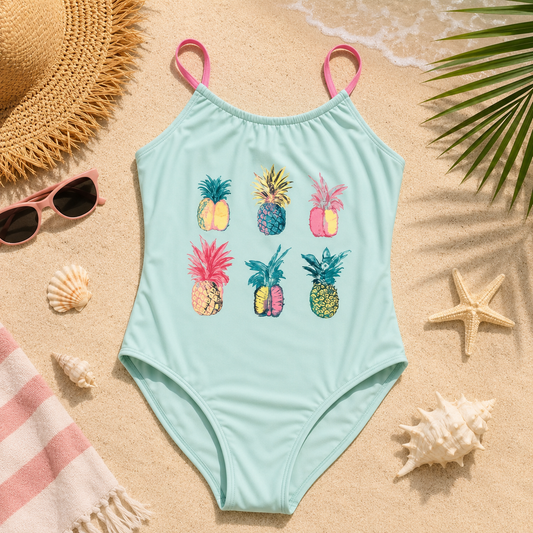 Maillot de bain 1 pièce fille motifs Ananas – Vert Menthe et Rose