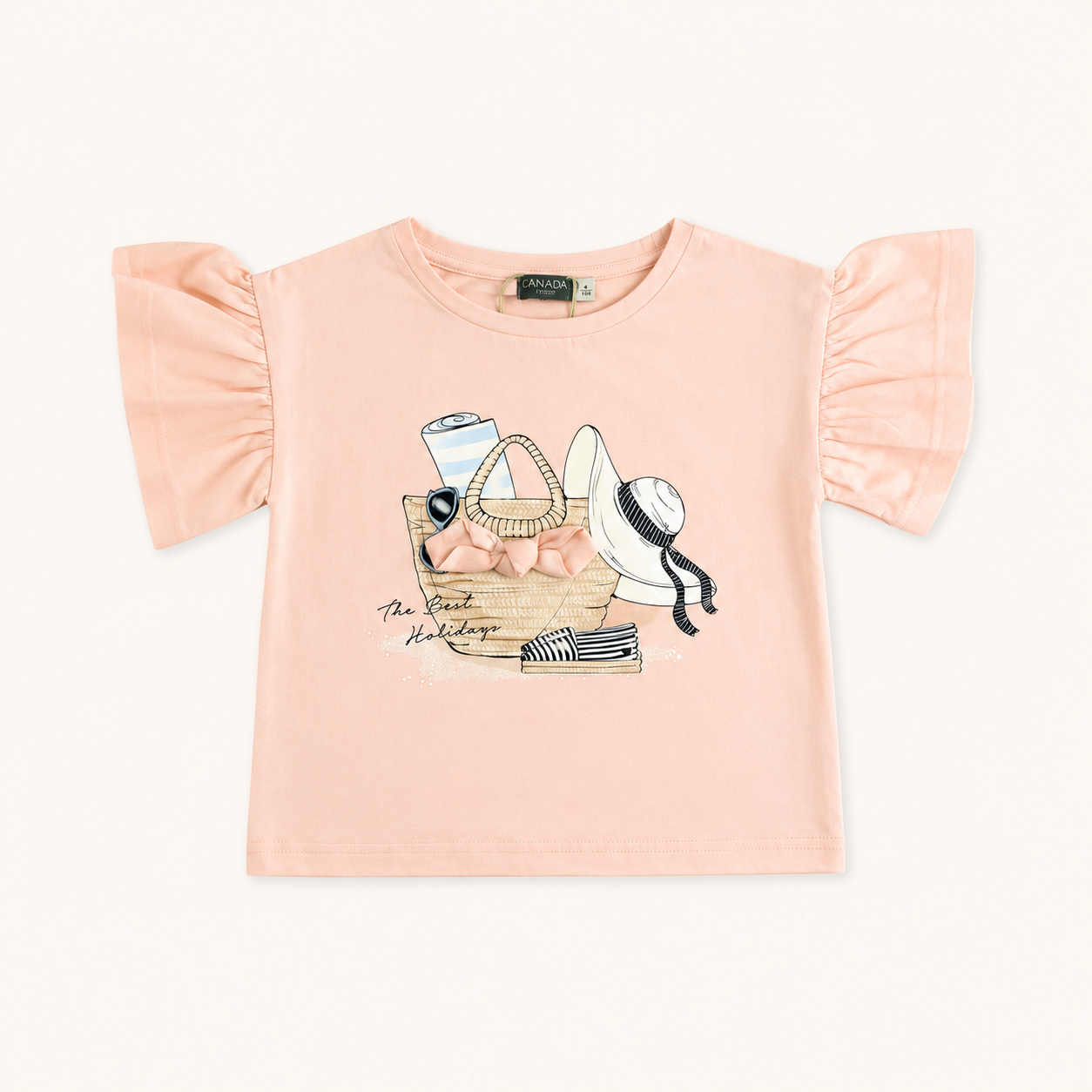 T-shirt rose poudré à manches volants « The Best Holidays »