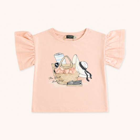 T-shirt rose poudré à manches volants « The Best Holidays »