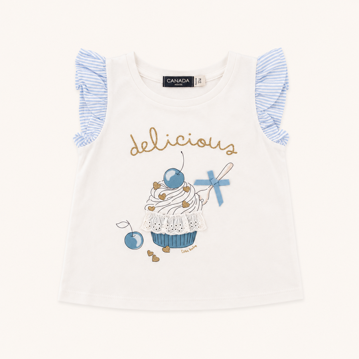 Ensemble t-shirt blanc cupcake et jupe rayée bleue - Fille - Canada House