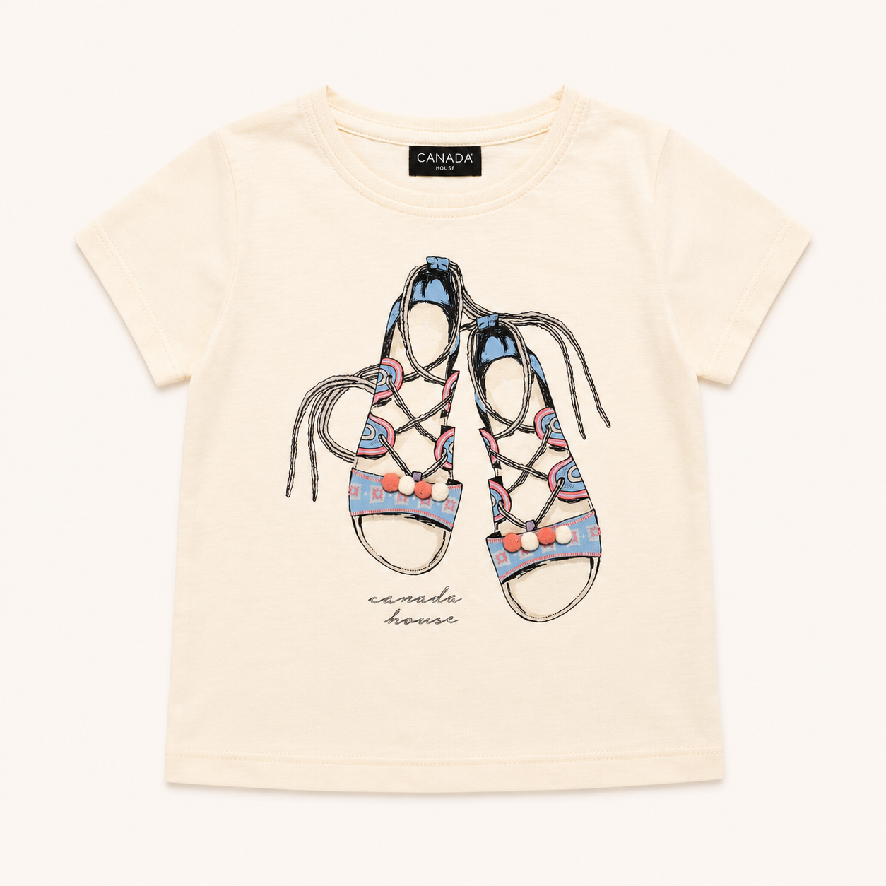 T-shirt écru enfant imprimé sandales à lacets et pompons