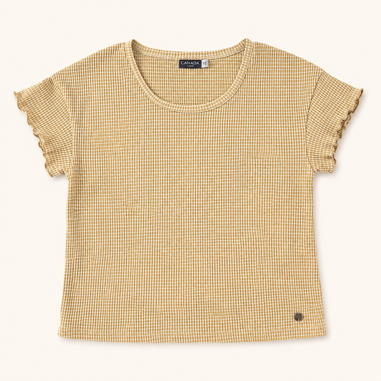 T-shirt court moutarde à micro-motifs et manches volantées