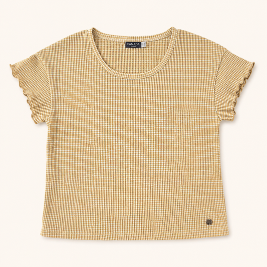 T-shirt court moutarde à micro-motifs et manches volantées