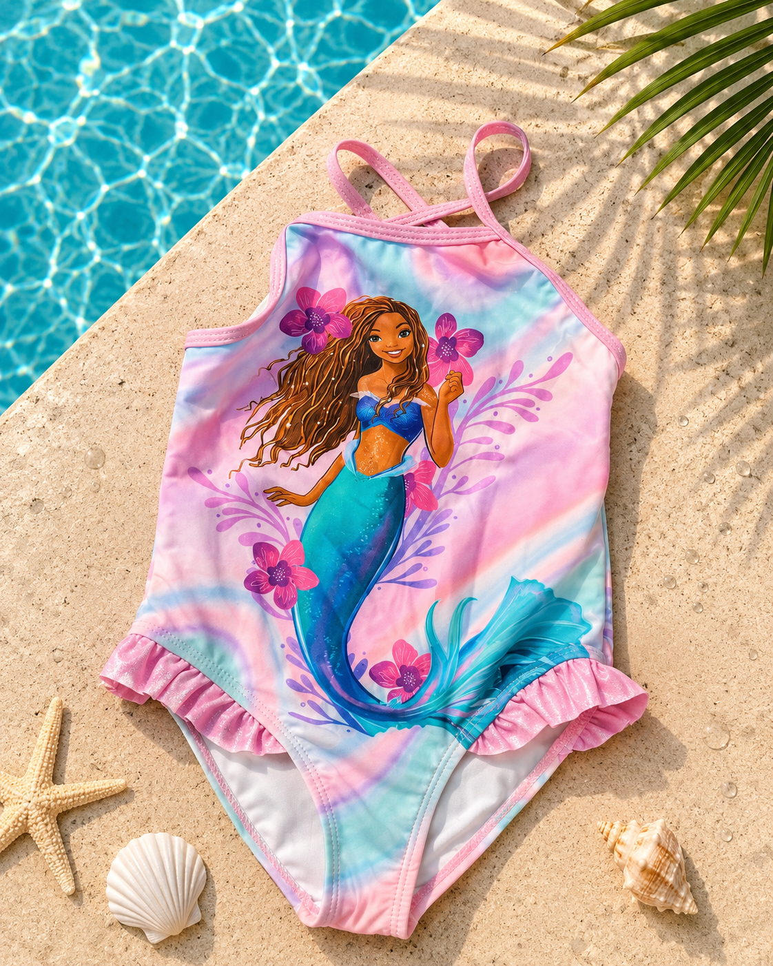 Maillot de bain 1 pièce fille motif sirène et volants