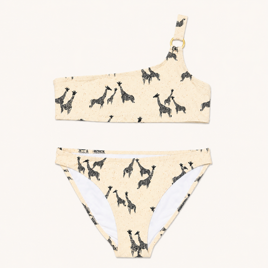 Maillot de bain 2 pièces fille asymétrique Motifs Girafes – Crème et Noir