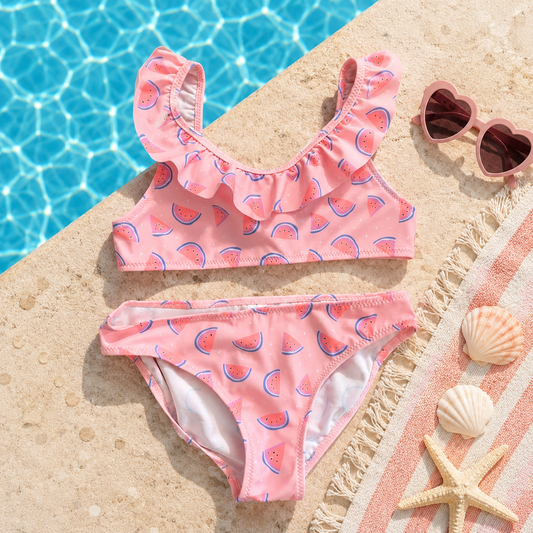 Maillot de bain 2 pièces fille rose imprimé pastèques à volants