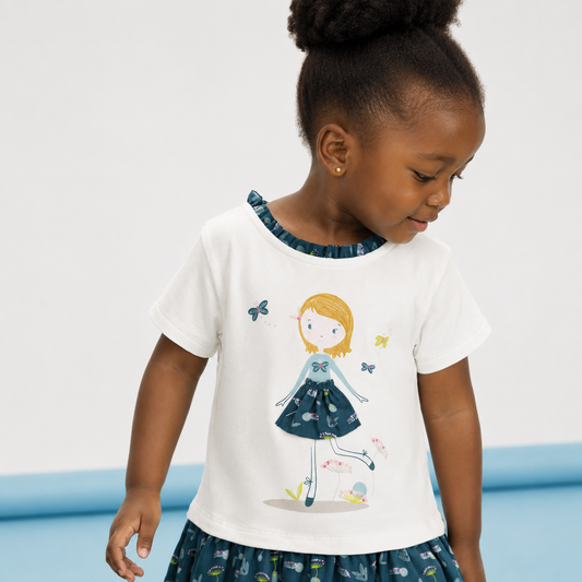 Robe bi-matière Bébé Fille blanche et vert émeraude imprimé - Motif Petite Fille