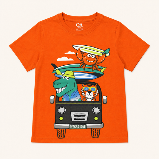 T-shirt orange enfant imprimé "Road Trip des Animaux"