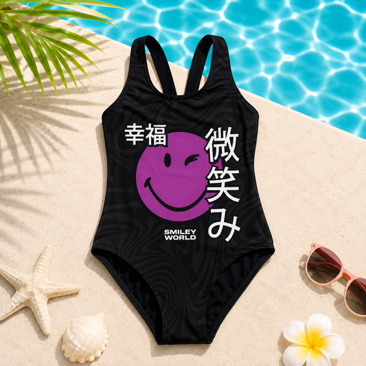 Maillot de bain 1 pièce noir graphique Smiley World®