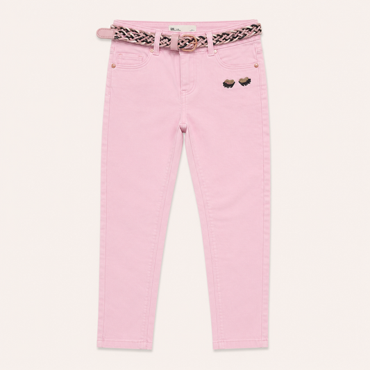 Pantalon slim rose bonbon avec ceinture tressée et broderie yeux – Orchestra