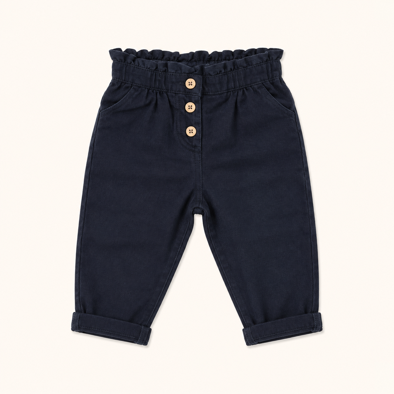 Pantalon droit bleu marine à taille paperbag et boutons – Orchestra