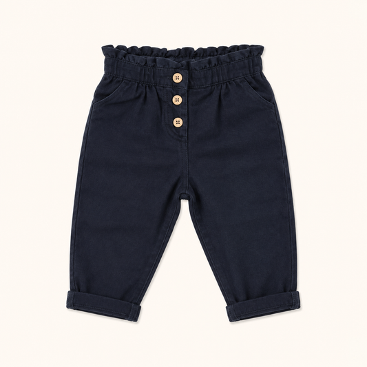 Pantalon droit bleu marine à taille paperbag et boutons – Orchestra