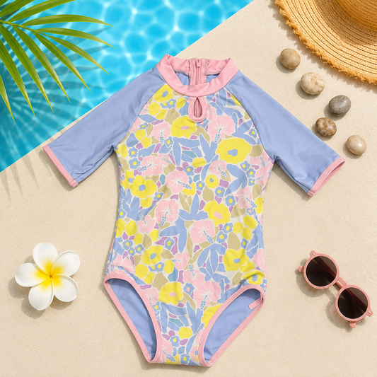 Maillot de Bain Une Pièce Anti-UV Fille – Combinaison de Bain Fleurie à Manches Courtes