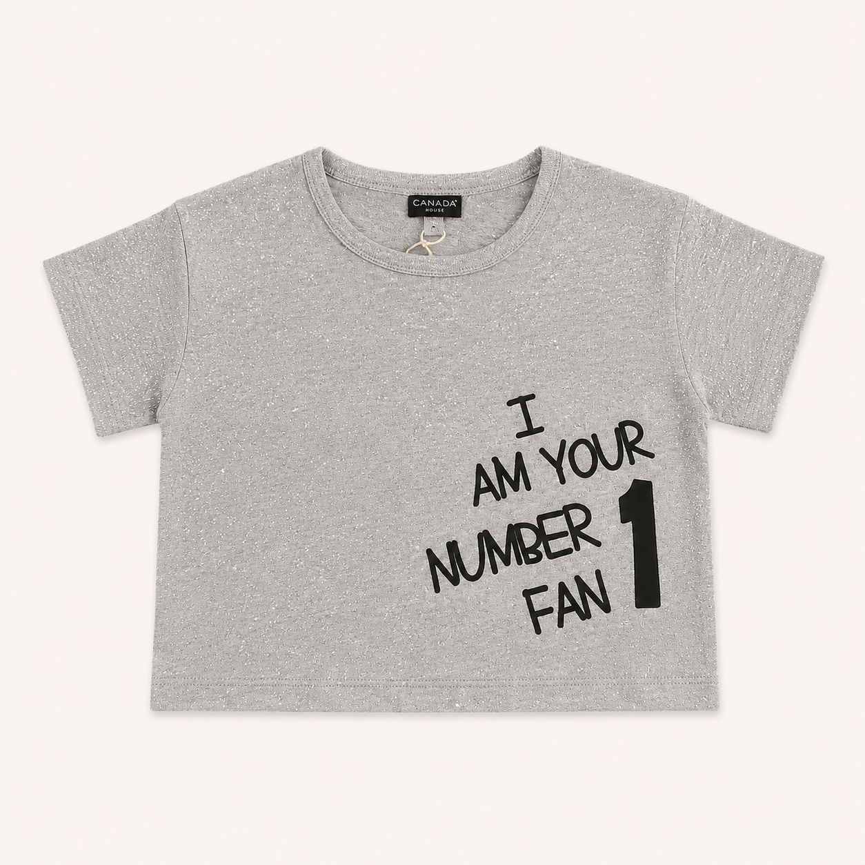 Crop top gris chiné enfant « I Am Your Number 1 Fan » pailleté
