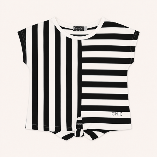 T-shirt asymétrique à rayures noires et blanches à nouer