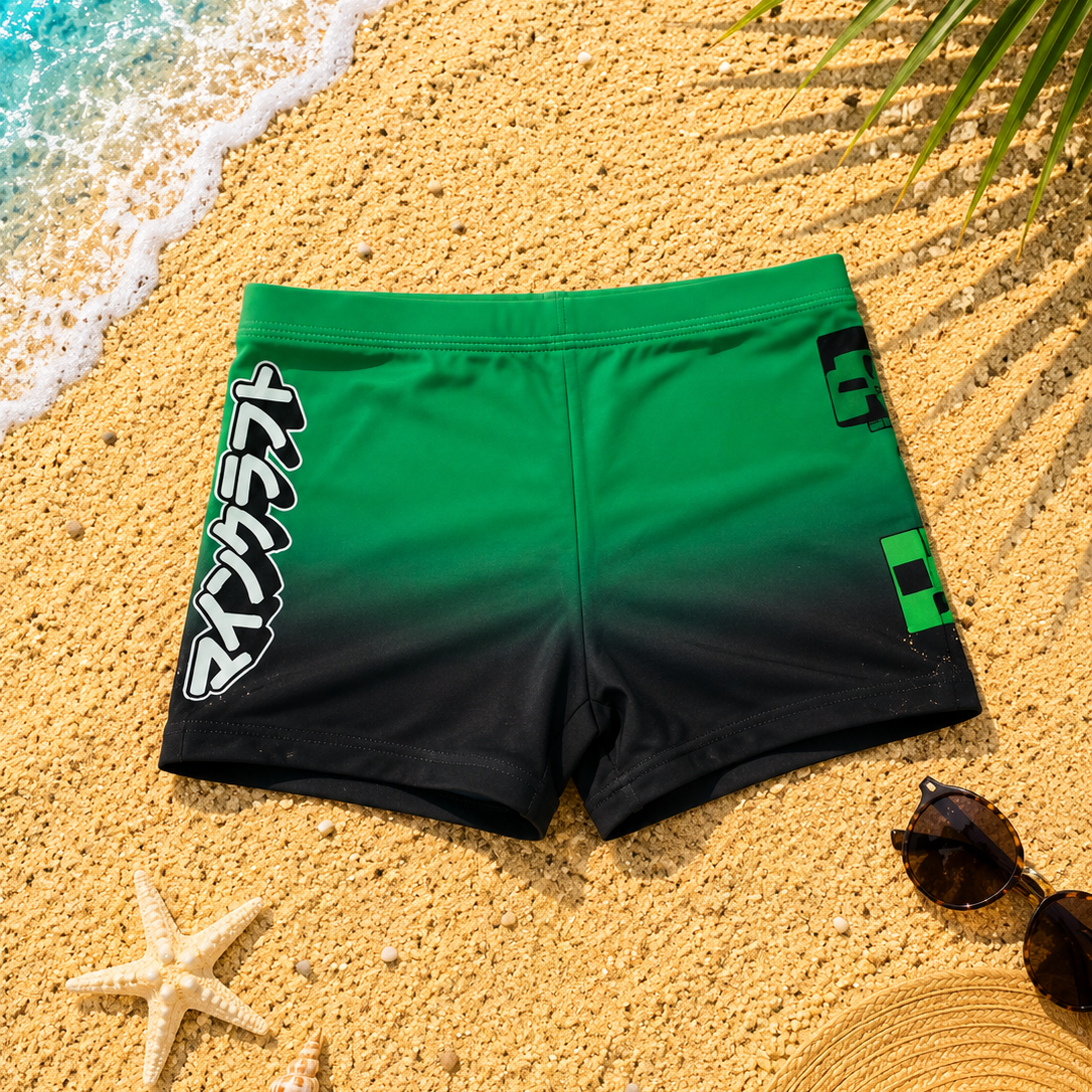 Boxer de bain enfant Minecraft – Dégradé Vert et Noir – Style Katakana