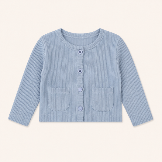 Gilet bébé bleu dragée en maille côtelée à poches