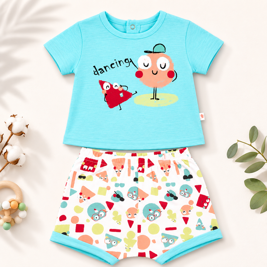 Ensemble t-shirt turquoise "Dancing" et short imprimé - Bébé