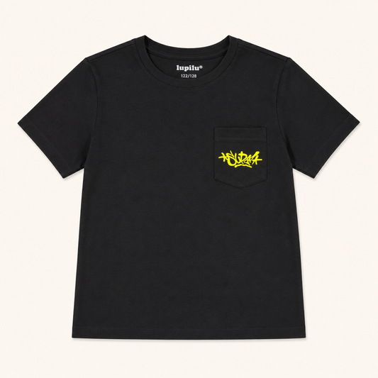 T-shirt noir enfant avec poche poitrine imprimé graffiti