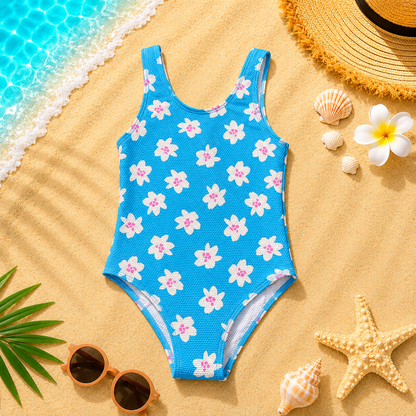 Maillot de bain 1 pièce fille gaufré à fleurs – Bleu Turquoise
