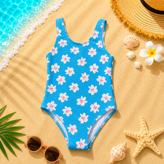 Maillot de bain 1 pièce fille gaufré à fleurs – Bleu Turquoise