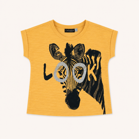 T-shirt moutarde fille imprimé zèbre « LOOK »