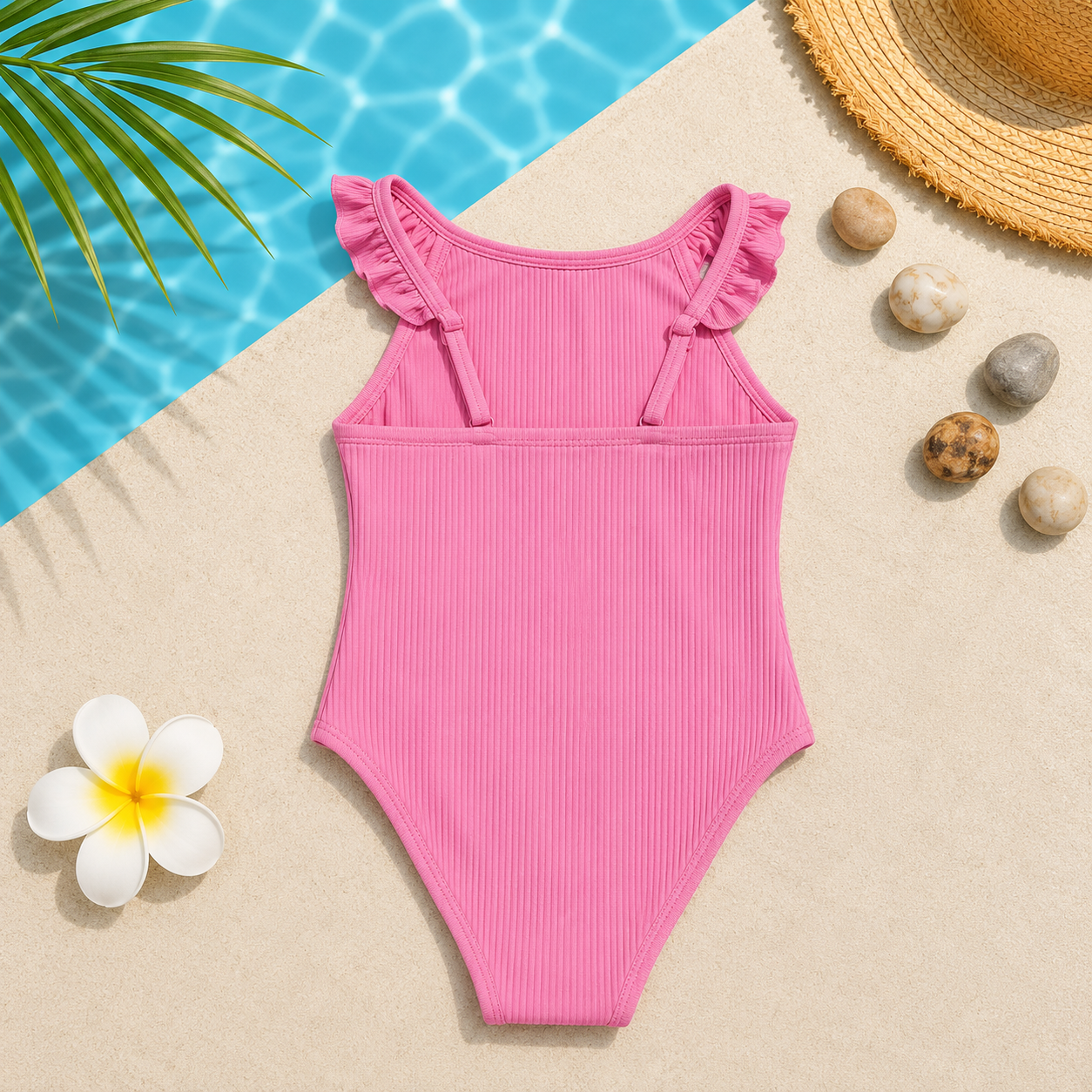 Maillot de bain 1 pièce fille côtelé à volants – Rose Bubblegum