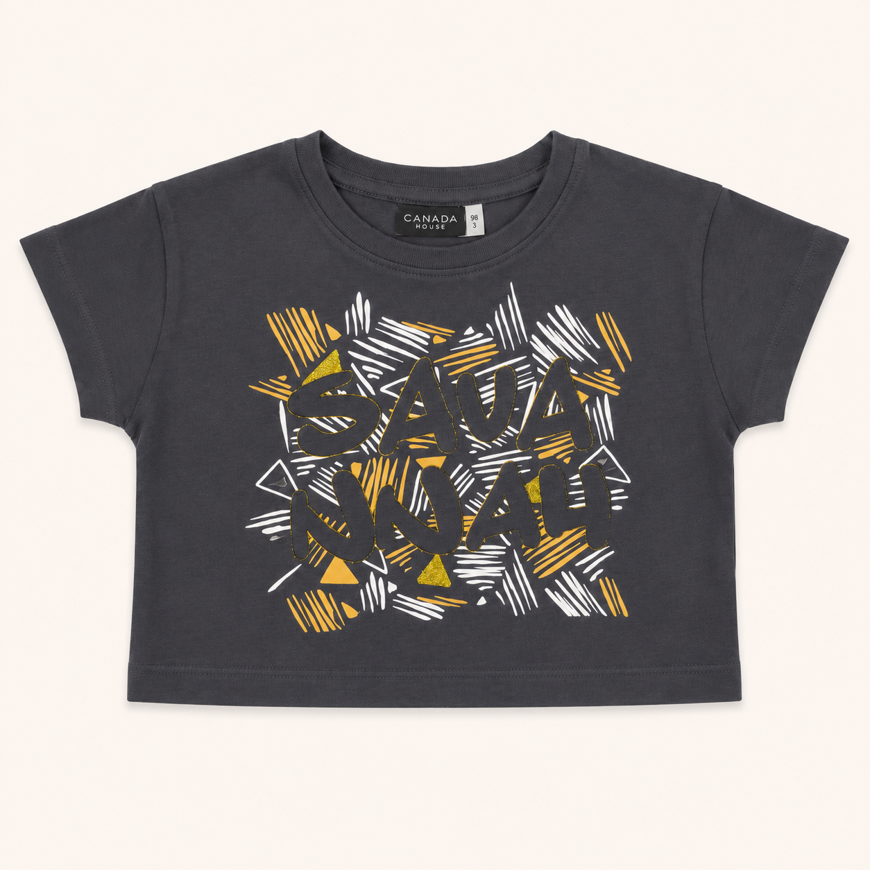T-shirt court gris foncé avec motifs géométriques dorés