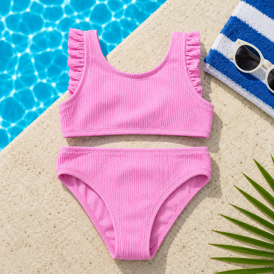 Maillot de bain 2 pièces fille rose bonbon en tissu côtelé à volants