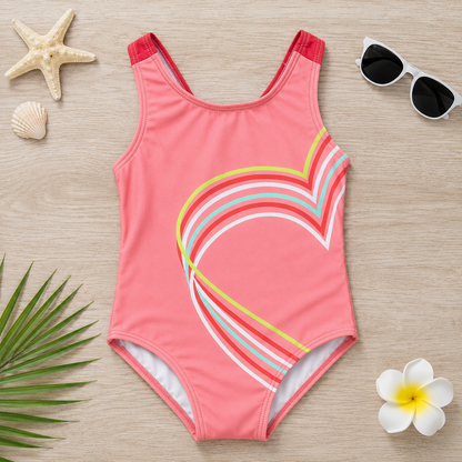 Maillot de bain 1 pièce fille Cœur Graphique – Rose Corail et Bandes Néon