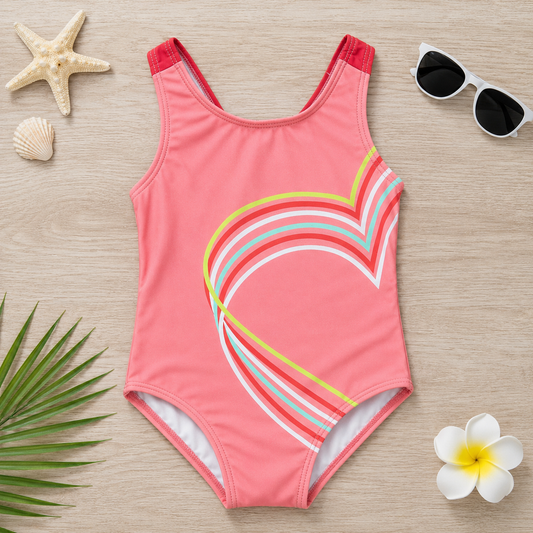 Maillot de bain 1 pièce fille Cœur Graphique – Rose Corail et Bandes Néon
