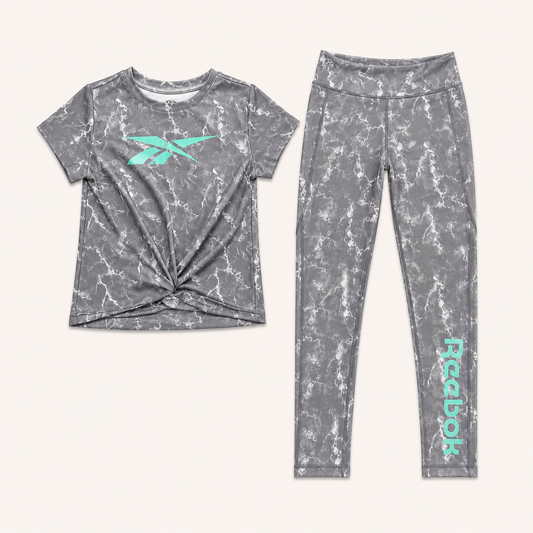 Ensemble de Sport Fille Reebok – T-shirt Torsadé et Legging Effet Marbre Gris