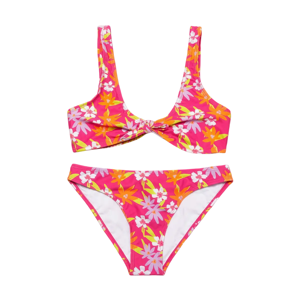 Maillot de bain 2 pièces fille Floral Hawaïen – Rose Fuchsia et Orange